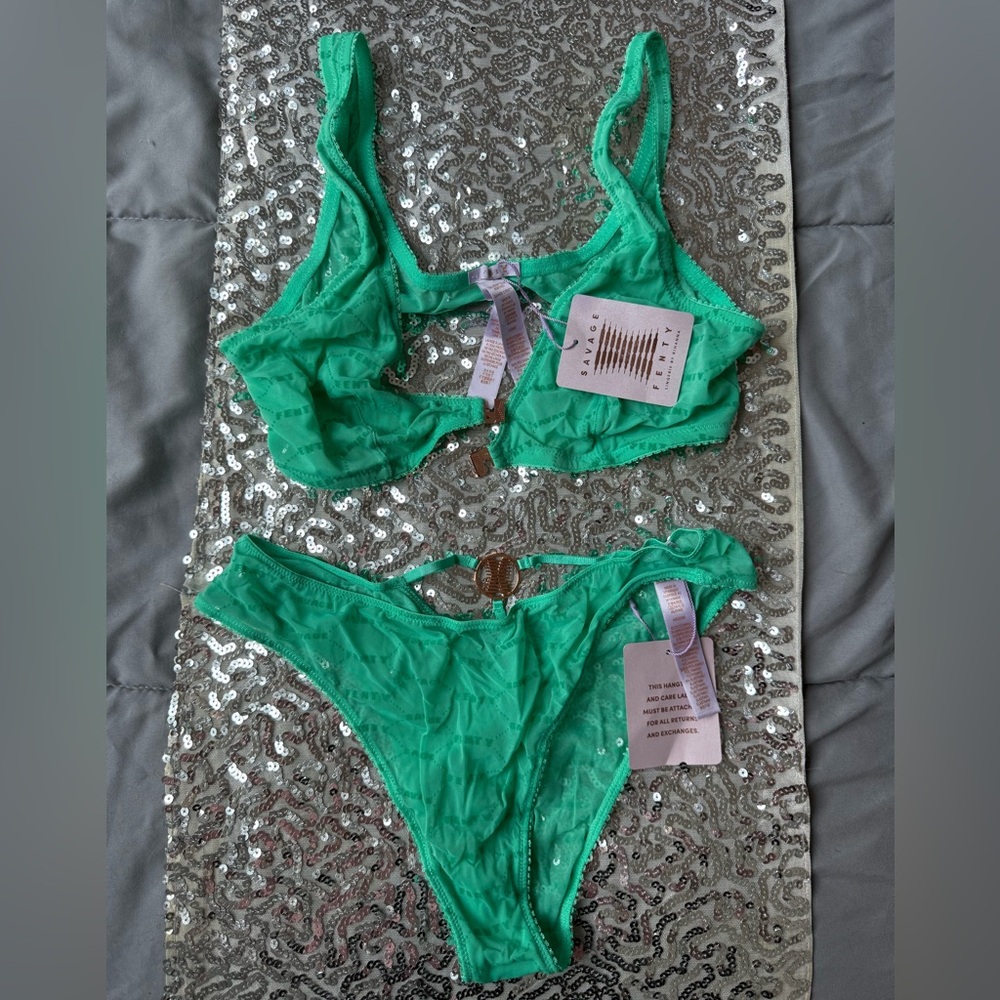 Savage X Fenty Bright Green Lace Bralette & Panties with cutout/gold logo